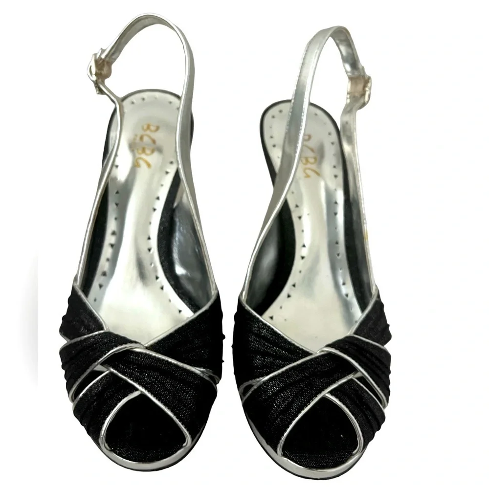 BCBG Paris Ostrica Hills Shoes in Black & Silver Women's sz EU 39 US 8 - Picture 1 of 8